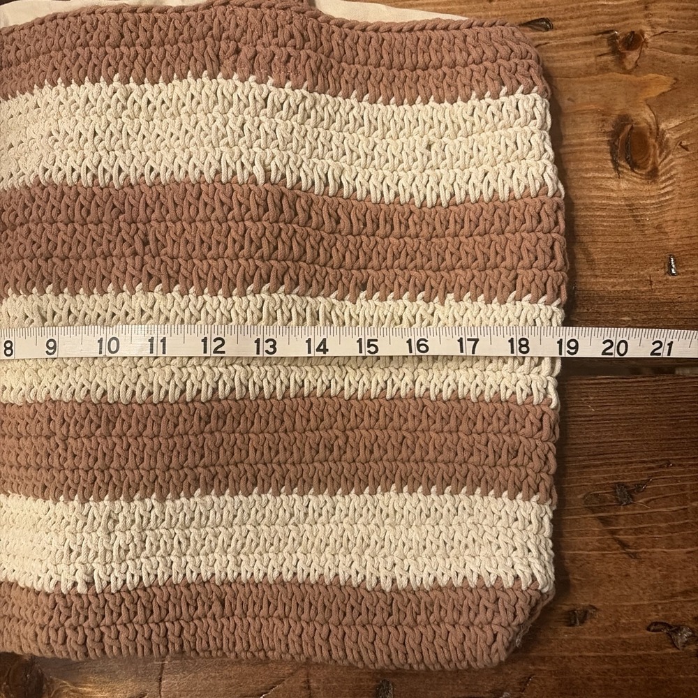 Beach Vibes Crochet Market Tote Bag Camel Brown Stripe Grannycore Purse - Picture 5 of 6